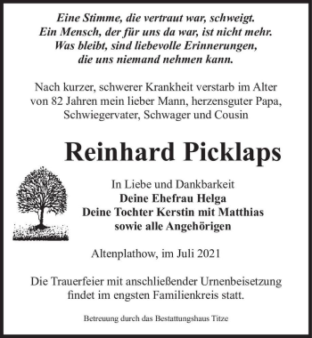 Traueranzeige von Reinhard Picklaps  von Magdeburger Volksstimme