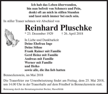 Traueranzeige von Reinhard Pluschke  von Magdeburger Volksstimme
