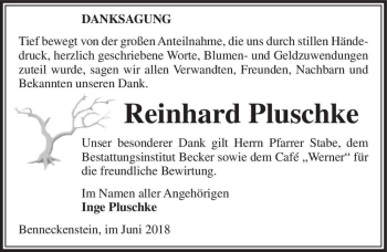 Traueranzeige von Reinhard Pluschke  von Magdeburger Volksstimme