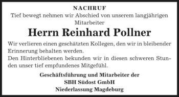 Traueranzeige von Reinhard Pollner  von Magdeburger Volksstimme