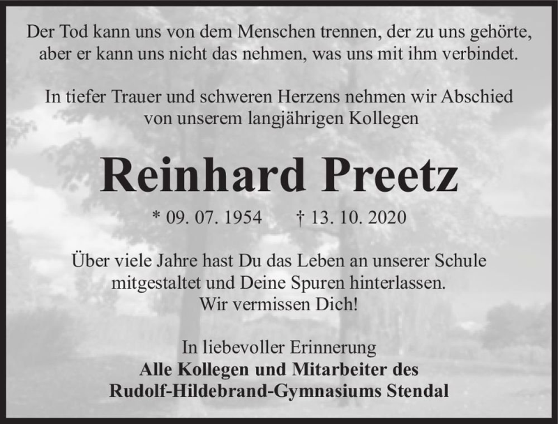  Traueranzeige für Reinhard Preetz  vom 30.10.2020 aus Magdeburger Volksstimme