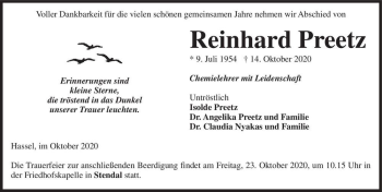 Traueranzeige von Reinhard Preetz  von Magdeburger Volksstimme
