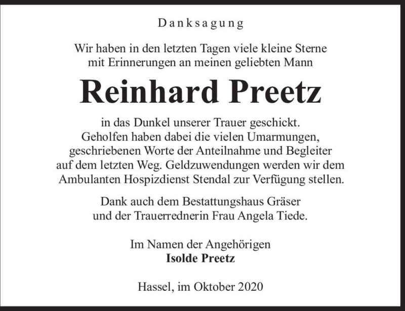 Traueranzeige für Reinhard Preetz  vom 30.10.2020 aus Magdeburger Volksstimme