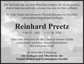 Traueranzeige von Reinhard Preetz  von Magdeburger Volksstimme