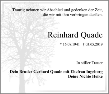 Traueranzeige von Reinhard Quade  von Magdeburger Volksstimme