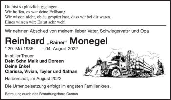 Traueranzeige von Reinhard Rainer “ Monegel  von Magdeburger Volksstimme