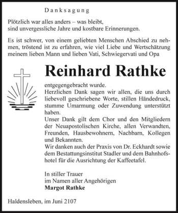 Traueranzeige von Reinhard Rathke  von Magdeburger Volksstimme