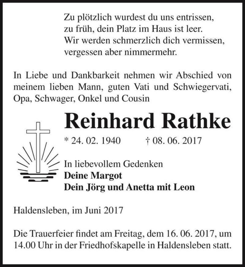  Traueranzeige für Reinhard Rathke  vom 13.06.2017 aus Magdeburger Volksstimme