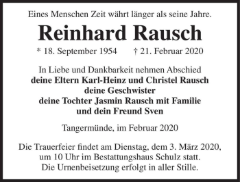 Traueranzeige von Reinhard Rausch  von Magdeburger Volksstimme