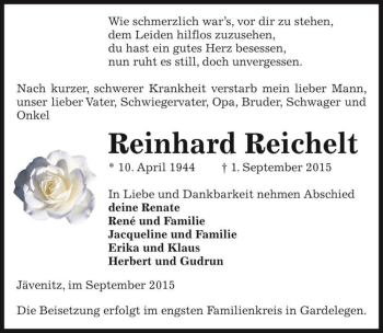 Traueranzeige von Reinhard Reichelt  von Magdeburger Volksstimme