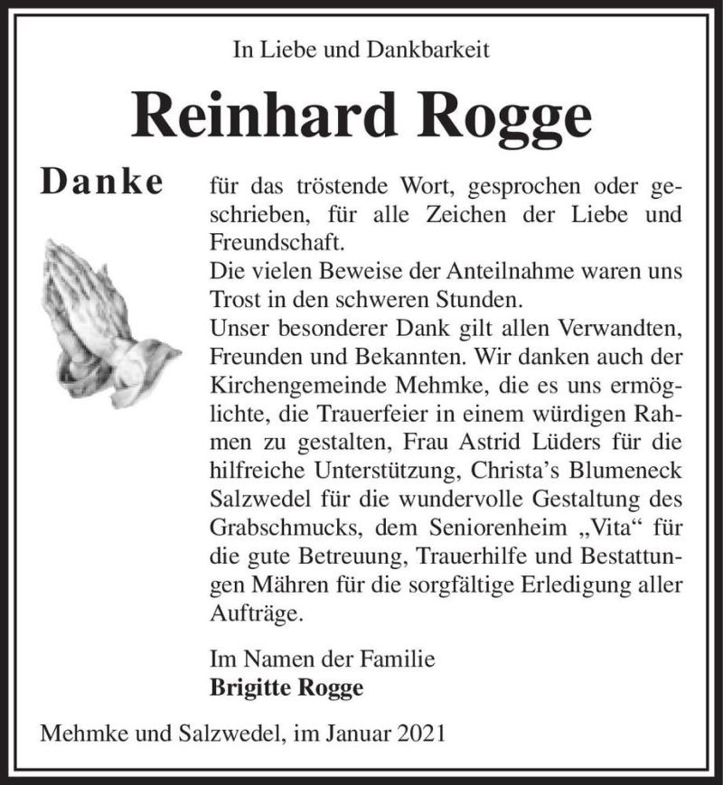  Traueranzeige für Reinhard Rogge  vom 22.01.2021 aus Magdeburger Volksstimme