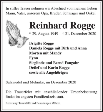 Traueranzeige von Reinhard Rogge  von Magdeburger Volksstimme