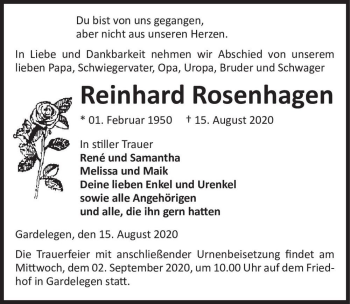 Traueranzeige von Reinhard Rosenhagen  von Magdeburger Volksstimme