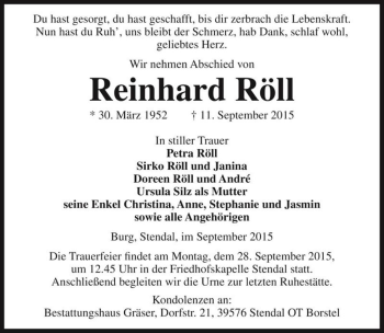 Traueranzeige von Reinhard Röll  von Magdeburger Volksstimme