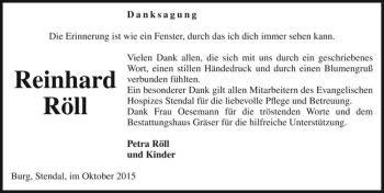 Traueranzeige von Reinhard Röll  von Magdeburger Volksstimme