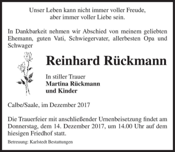 Traueranzeige von Reinhard Rückmann  von Magdeburger Volksstimme