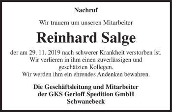 Traueranzeige von Reinhard Salge  von Magdeburger Volksstimme