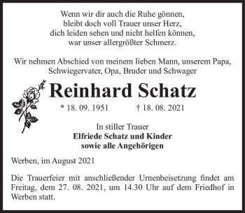 Traueranzeige von Reinhard Schatz  von Magdeburger Volksstimme
