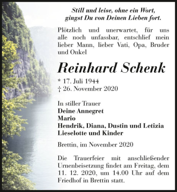 Traueranzeige von Reinhard Schenk  von Magdeburger Volksstimme