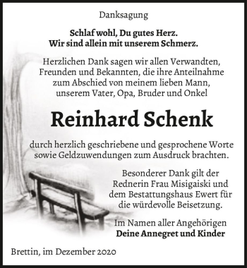Traueranzeige von Reinhard Schenk  von Magdeburger Volksstimme