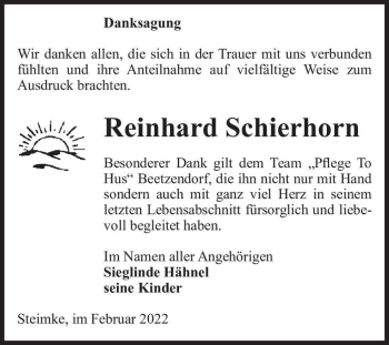 Traueranzeige von Reinhard Schierhorn  von Magdeburger Volksstimme