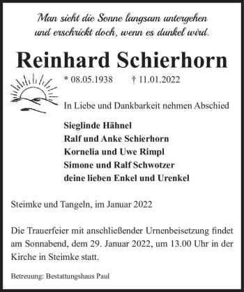 Traueranzeige von Reinhard Schierhorn  von Magdeburger Volksstimme