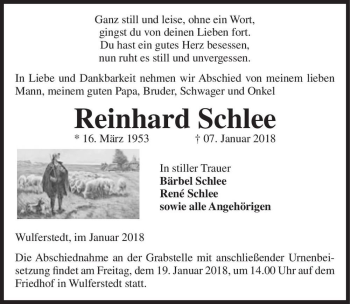 Traueranzeige von Reinhard Schlee  von Magdeburger Volksstimme