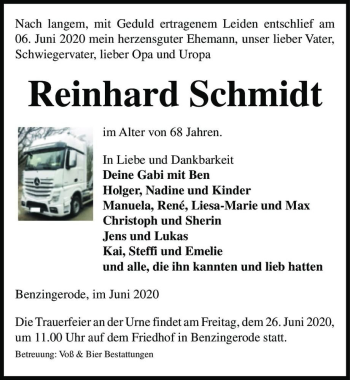 Traueranzeige von Reinhard Schmidt  von Magdeburger Volksstimme