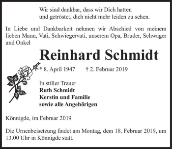 Traueranzeige von Reinhard Schmidt  von Magdeburger Volksstimme