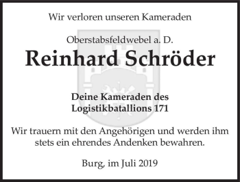 Traueranzeige von Reinhard Schröder  von Magdeburger Volksstimme