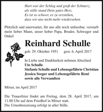 Traueranzeige von Reinhard Schulle  von Magdeburger Volksstimme