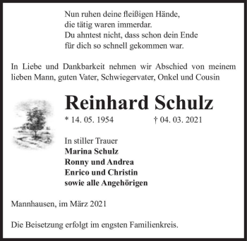 Traueranzeige von Reinhard Schulz  von Magdeburger Volksstimme