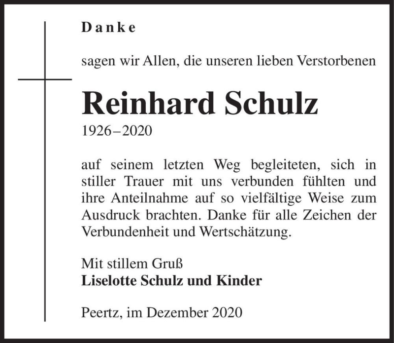 Traueranzeige für Reinhard Schulz  vom 16.12.2020 aus Magdeburger Volksstimme