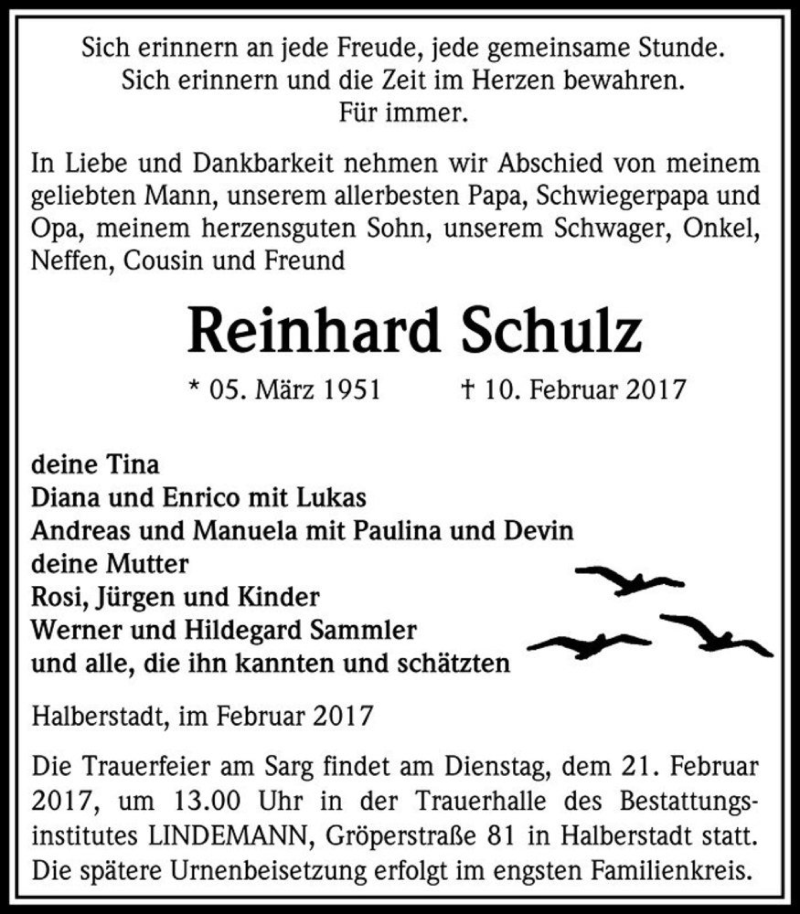  Traueranzeige für Reinhard Schulz  vom 18.02.2017 aus Magdeburger Volksstimme