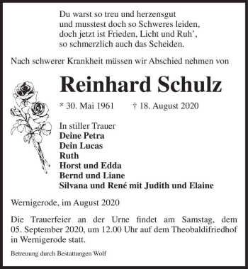 Traueranzeige von Reinhard Schulz  von Magdeburger Volksstimme