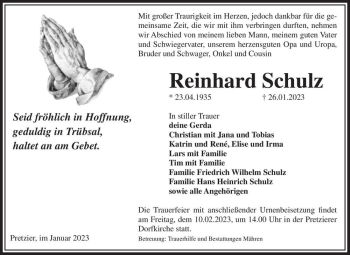 Traueranzeige von Reinhard Schulz  von Magdeburger Volksstimme
