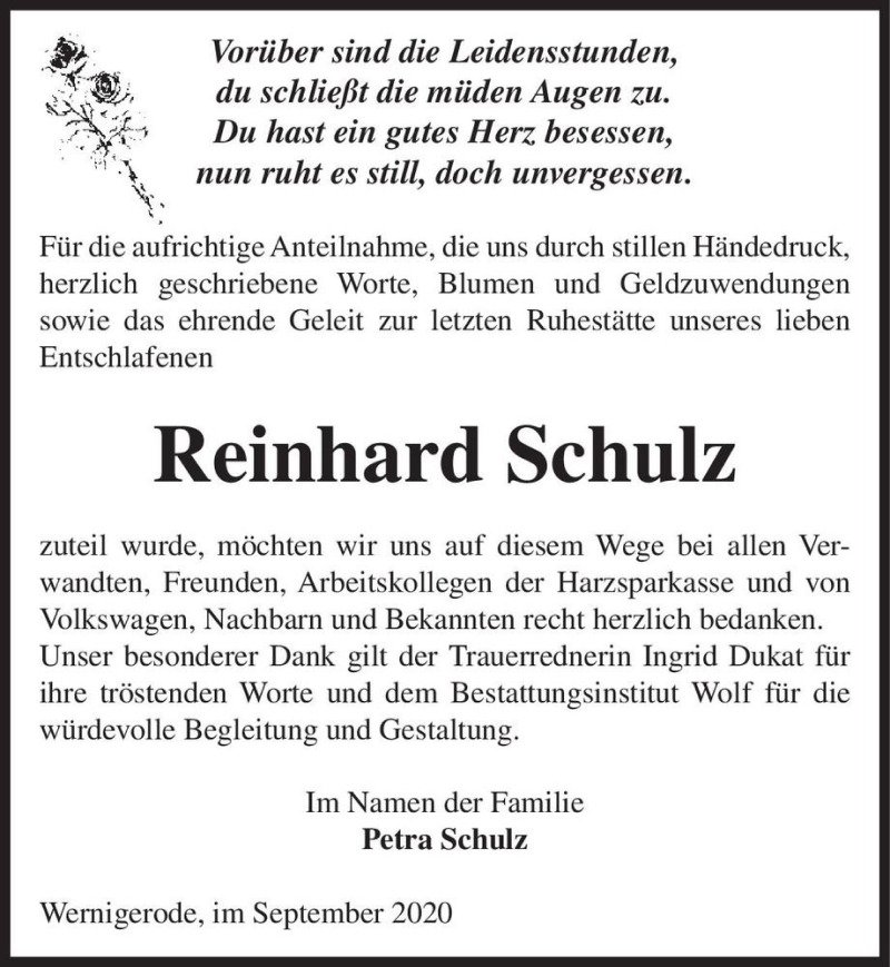  Traueranzeige für Reinhard Schulz  vom 12.09.2020 aus Magdeburger Volksstimme