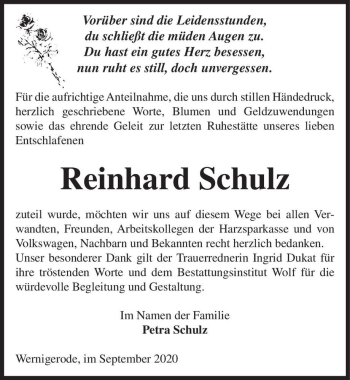 Traueranzeige von Reinhard Schulz  von Magdeburger Volksstimme