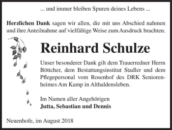 Traueranzeige von Reinhard Schulze  von Magdeburger Volksstimme