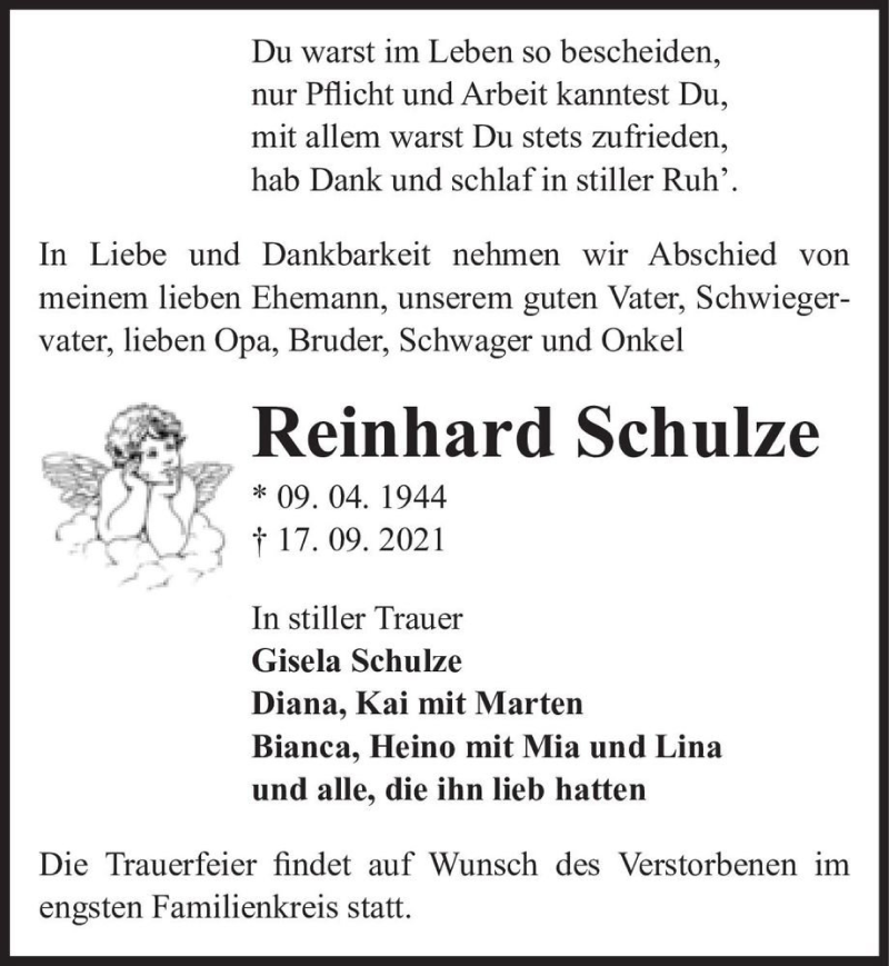  Traueranzeige für Reinhard Schulze  vom 02.10.2021 aus Magdeburger Volksstimme