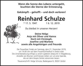 Traueranzeige von Reinhard Schulze  von Magdeburger Volksstimme