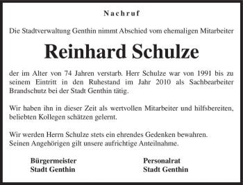 Traueranzeige von Reinhard Schulze  von Magdeburger Volksstimme