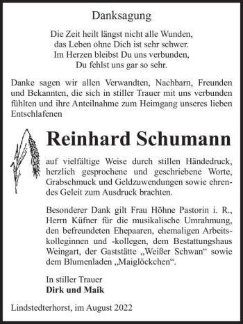 Traueranzeige von Reinhard Schumann  von Magdeburger Volksstimme