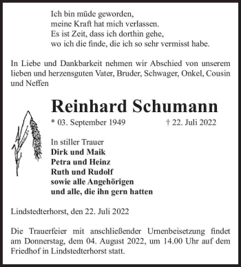 Traueranzeige von Reinhard Schumann  von Magdeburger Volksstimme