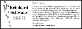 Traueranzeige von Reinhard Schwarz  von Magdeburger Volksstimme