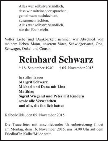 Traueranzeige von Reinhard Schwarz  von Magdeburger Volksstimme