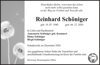 Traueranzeige von Reinhard Schöniger  von Magdeburger Volksstimme