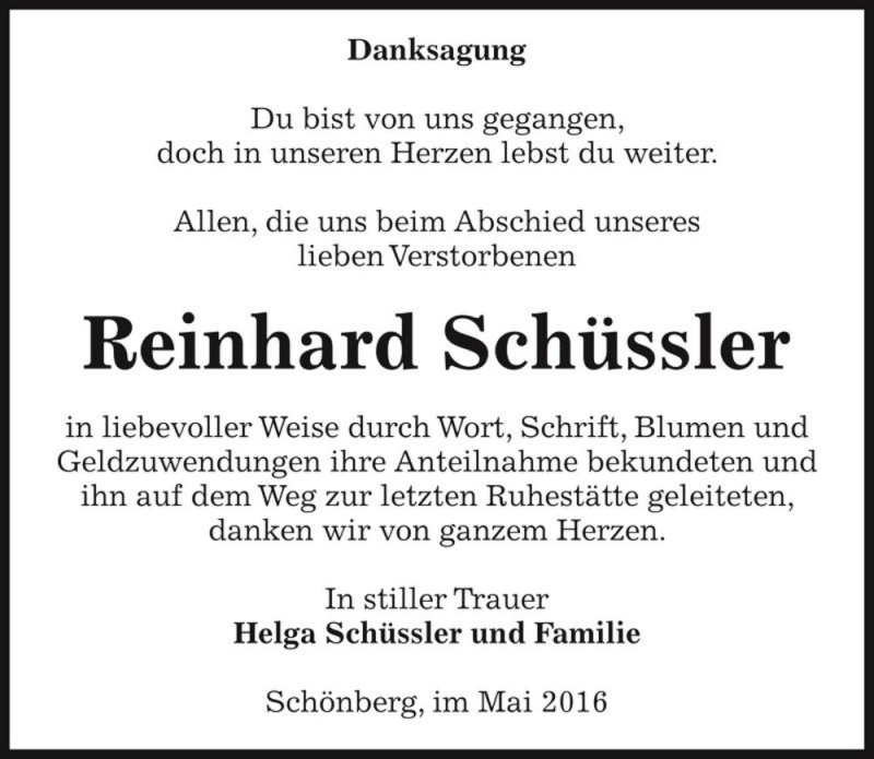 Traueranzeige für Reinhard Schüssler  vom 13.05.2016 aus Magdeburger Volksstimme