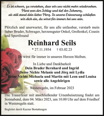Traueranzeige von Reinhard Seils  von Magdeburger Volksstimme