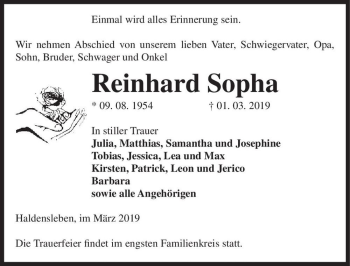 Traueranzeige von Reinhard Sopha  von Magdeburger Volksstimme